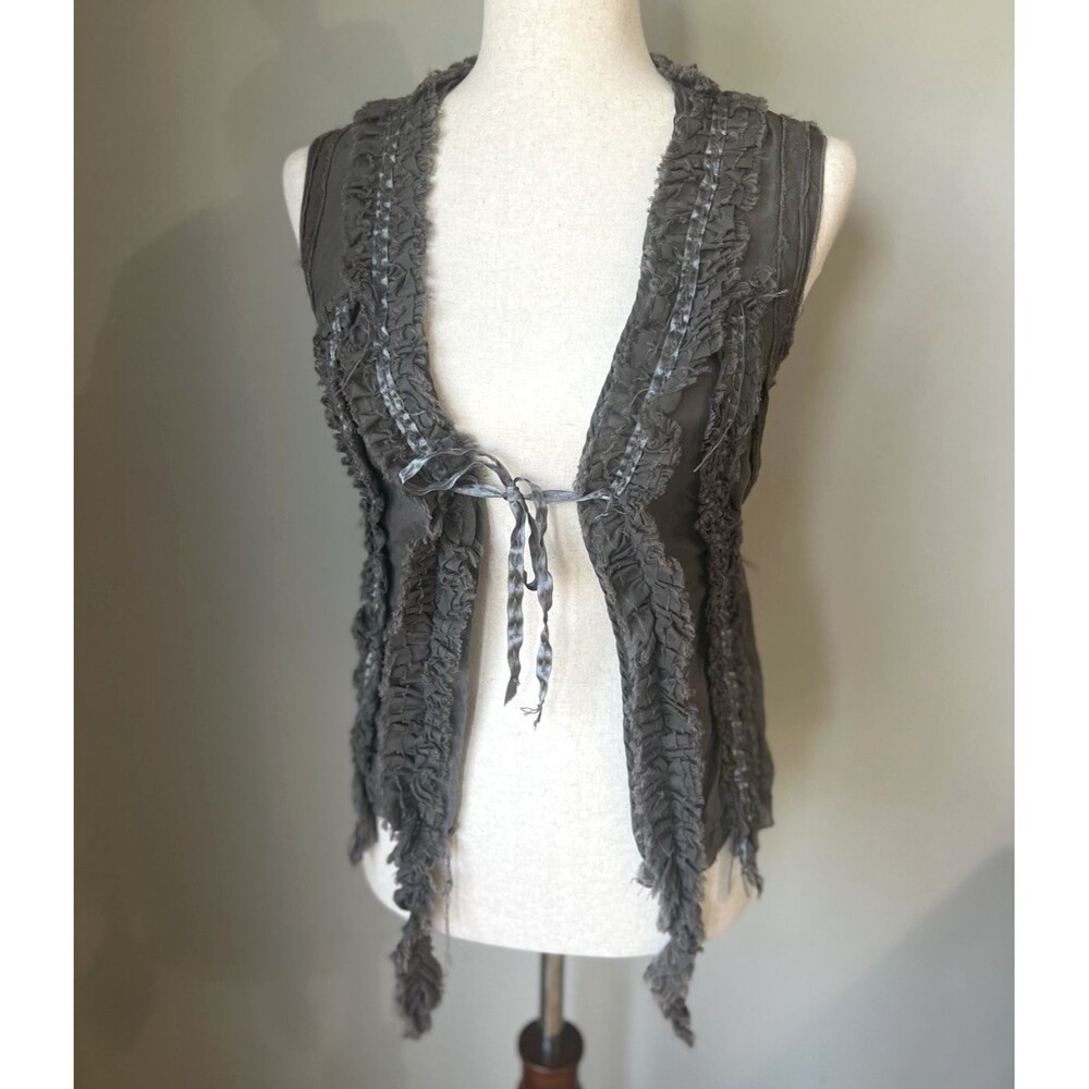 PHANGANA Heaven On Earth Vest Y2K Boho Ruffle Tie Front Layering Top Gray Silk
